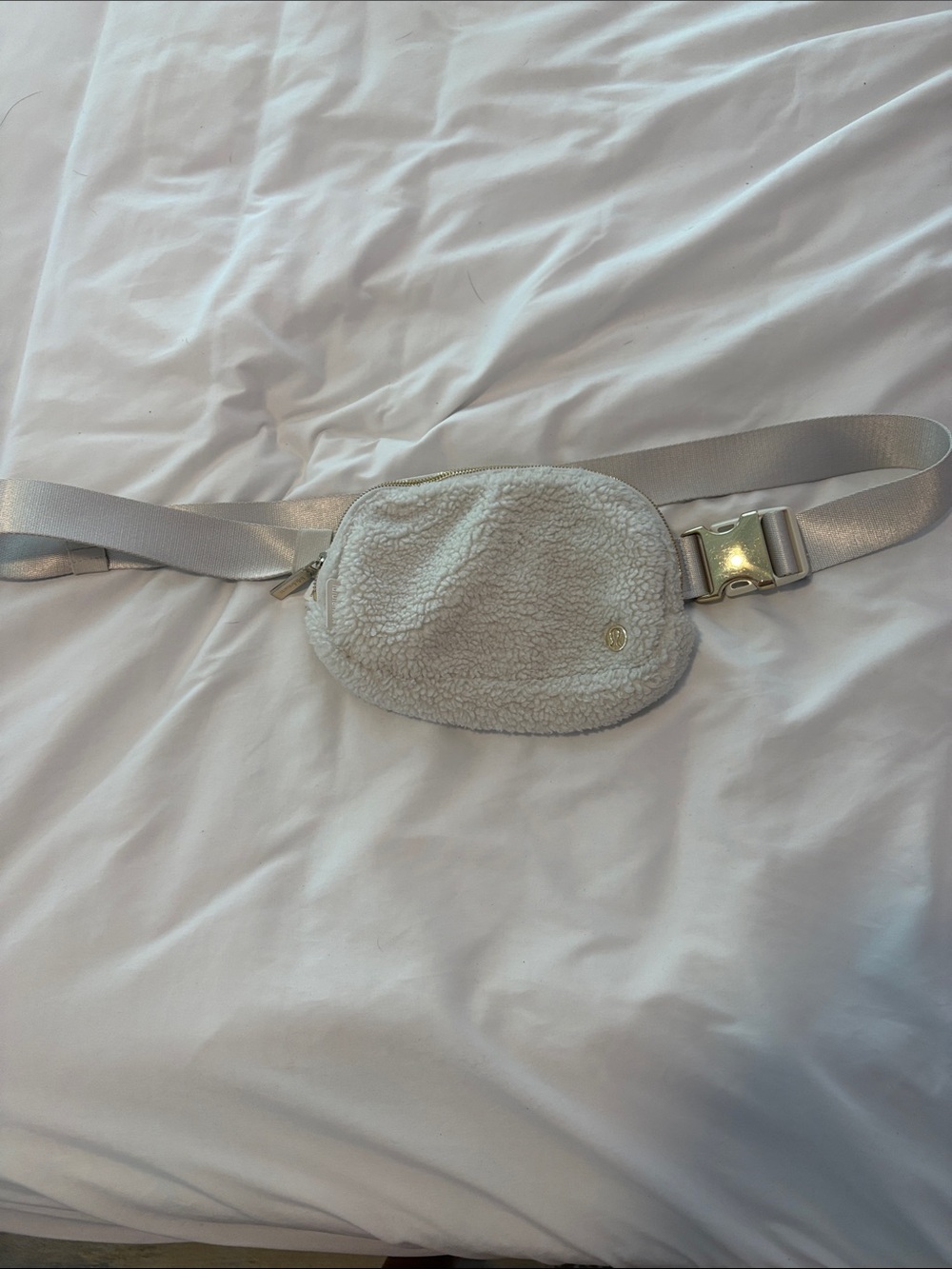 lululemon athletica Cream Sherpa Waist Pack with Silver Buckle
